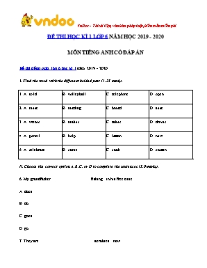 Đề thi học kì 1 môn Tiếng Anh Lớp 6 - Năm học 2019-2020 (Có đáp án)
